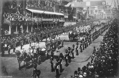 Queen Victoria (1819-1901) being driven through central London during her Golden Jubilee celebrations, 1887 by English Photographer